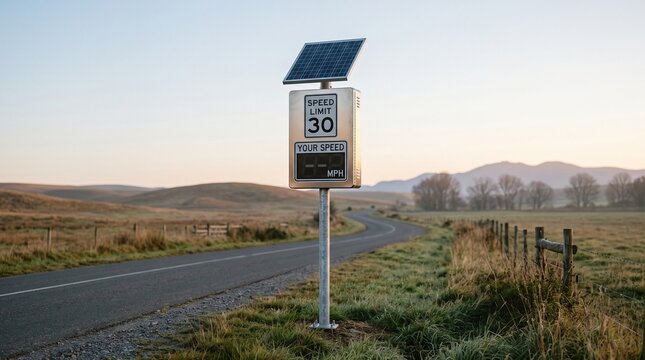 Solar-powered speed warning sign on roadside in rural landscape  