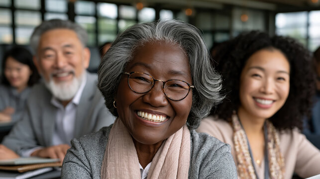 Smiling senior woman in office classroom with diverse coworkers learning practical artificial intelligence skills