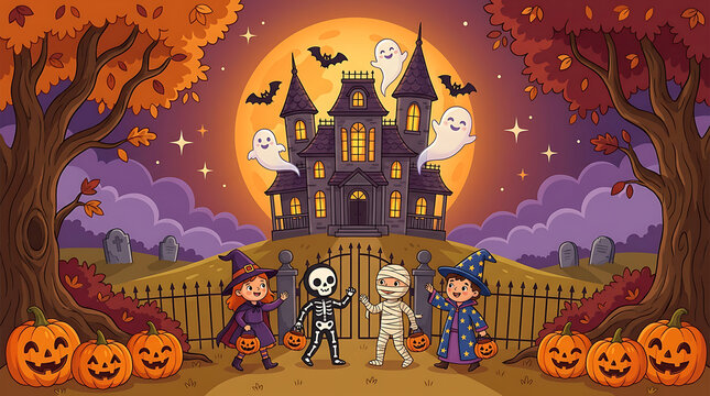 Cute cartoon halloween trick or treat kids in costumes before haunted house with halloween, children