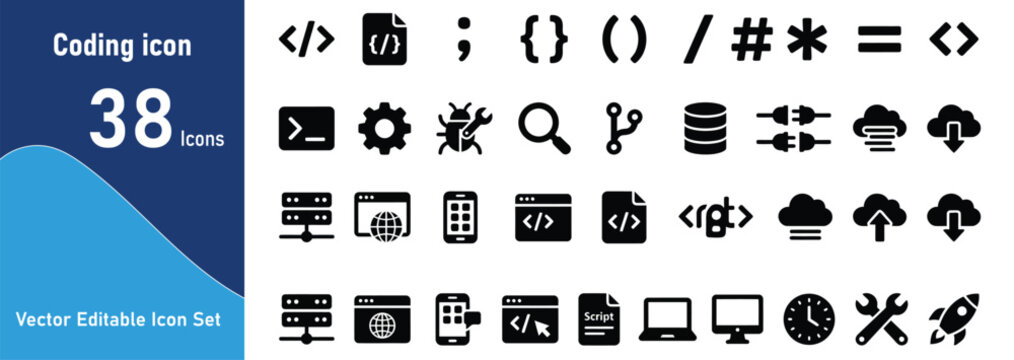 Set of thirty eight black coding and programming icons representing software development web design and computer technology interface elements