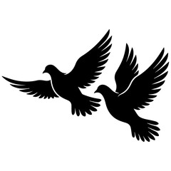 Fototapeta premium Two flying doves silhouette. Pair of birds in flight representing peace and love.