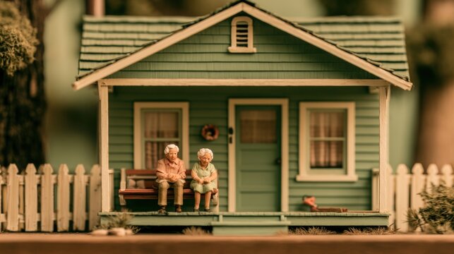Tiny figures sit on a porch of a small green cottage. The scene captures their quiet moments in a backyard during the afternoon sun.