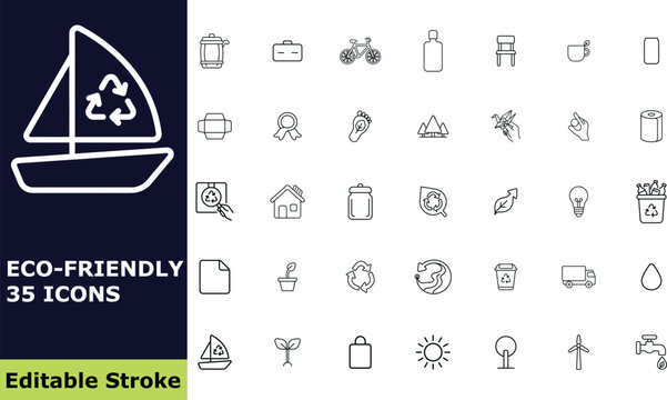 Sustainability and eco-friendly icon set, 35 vector outline pictograms of recycling, green energy, nature conservation, and zero waste symbols for environmental design
