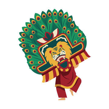 Traditional Indonesian reog ponorogo dancer performing dance carrying large singa barong tiger mask and peacock feathers vector illustration