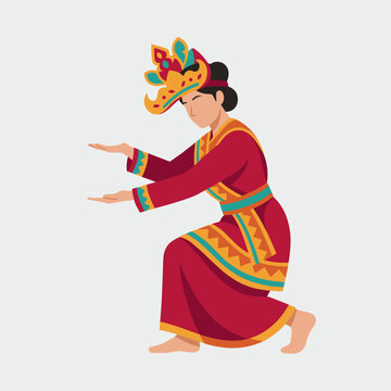 Traditional Minangkabau tari piring plate dancer woman from West Sumatra performing dance in red traditional costume vector illustration
