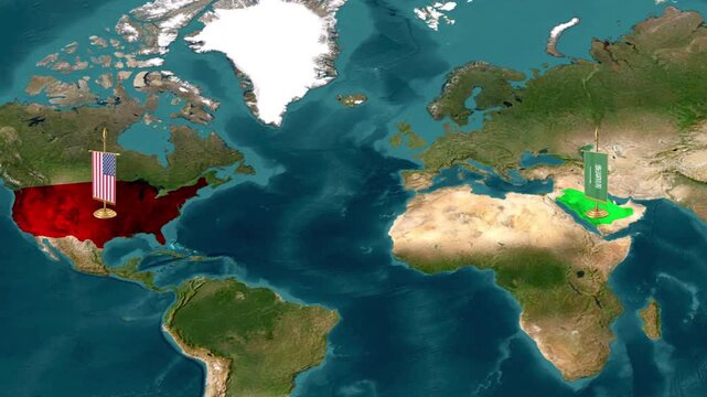 United States and Saudi Arabia Flags on 3D World Map &ndash; Global Relations Animation