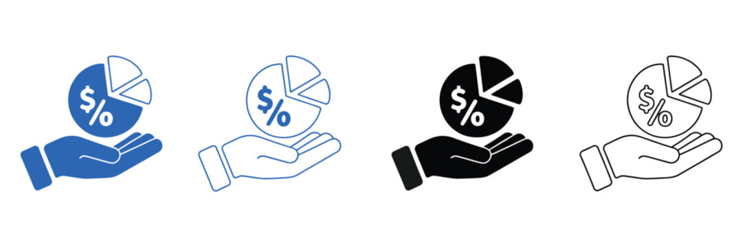 Discounted payment icons illustrating hand holding dollar coin, percentage symbol, promotional savings, cashback rewards, pricing discounts, and financial transaction concepts in flat, outline, and co