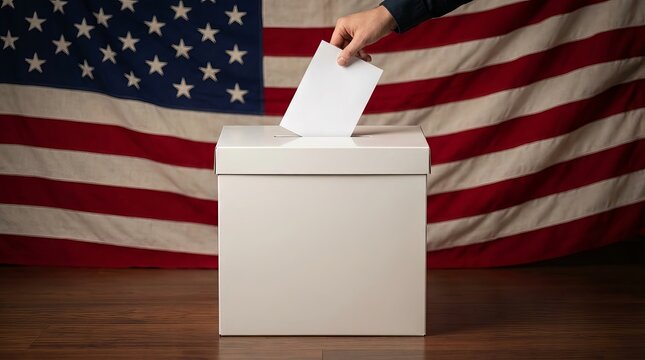 A person casting a vote by placing a ballot paper into a white box with an american flag background