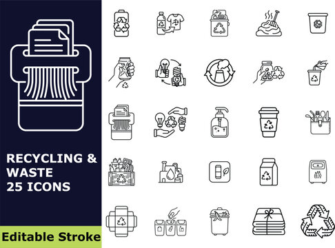 Recycling and waste management icon set, 25 vector outline pictograms of garbage sorting, sustainable lifestyle, eco-friendly disposal, and environmental symbols
