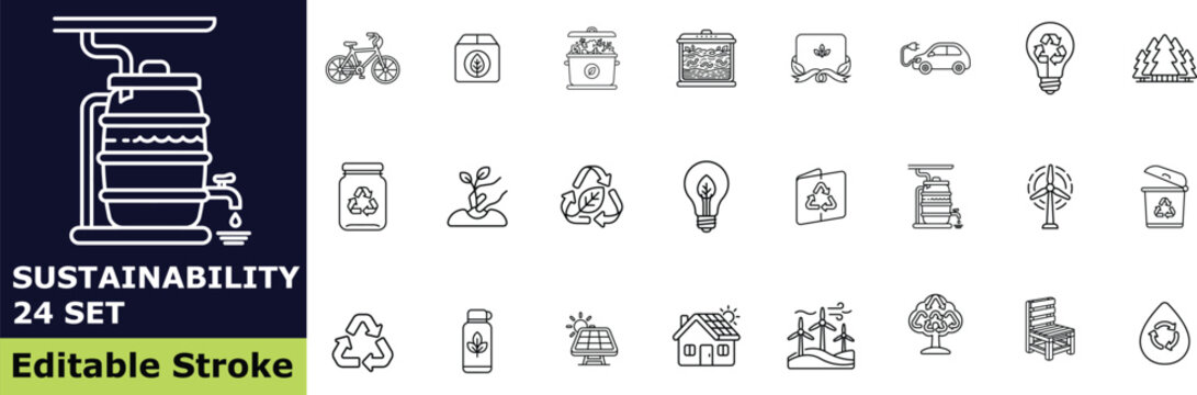 Sustainability and eco-friendly icon set, 28 vector outline pictograms of recycling, green energy, nature conservation, and zero waste symbols for environmental design

