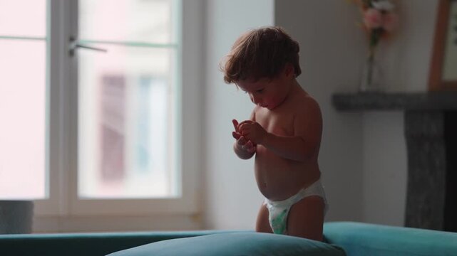 Toddler inspecting fingers while standing on sofa at home, expressing curiosity, discovery and early childhood learning