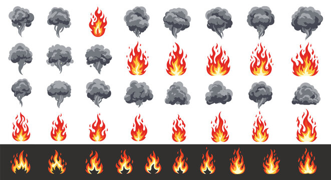 Comprehensive collection of fire flame and smoke explosion animation frames for visual effects and game design against black and white backgrounds.
