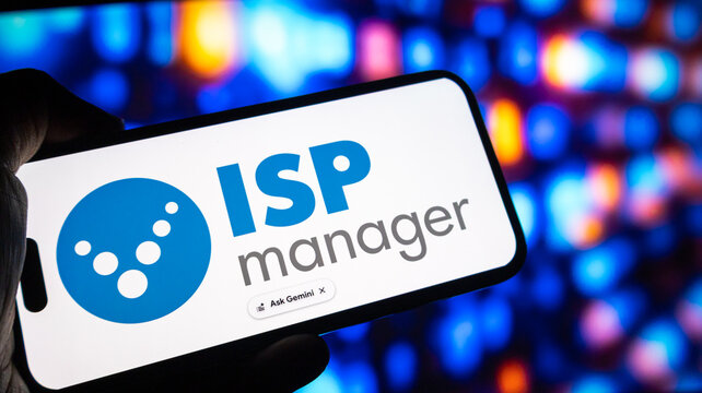 Isp manager software logo shown on mobile phone screen with colorful bokeh background for technology management concept.