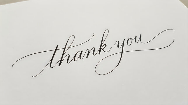 Elegant black cursive calligraphy thank you text on white paper background with calligraphy, handwriting