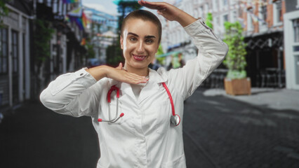 Fototapeta premium Woman doctor in white coat with red stethoscope framing chin with hands, smiling and laughing on a city street; joy pride support.