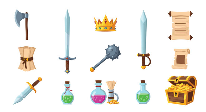 Colorful fantasy role playing game icons featuring weapons magic potions treasure and ancient scrolls for digital assets.