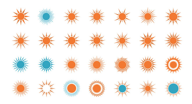 Large collection of sun icons with different ray designs and colors for summer weather and celestial graphics.