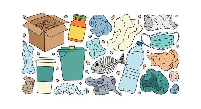 Assorted collection of various household waste items and recyclables illustrating environmental pollution and waste management concepts on white background.