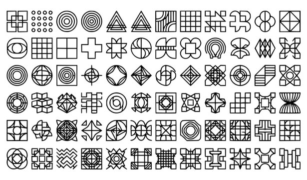 Retro geometric seamless pattern icon set in brutalist style minimal outline vector shapes collection