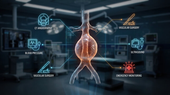 Abdominal aorta with aneurysm bulge in medical environment showing CT angiography, vascular surgery, blood pressure, ultrasound, and emergency monitoring for diagnosis and treatment