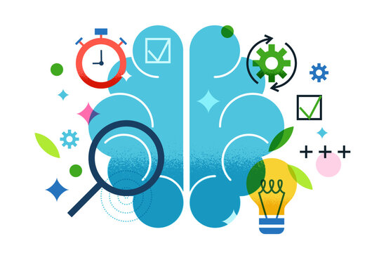 Vector illustration of brain with gears, magnifying glass, clock, light bulb. Concept for business productivity planning