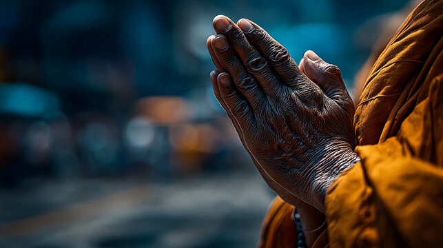 Close up of folded hands in prayer featuring traditional henna patterns and orange robe