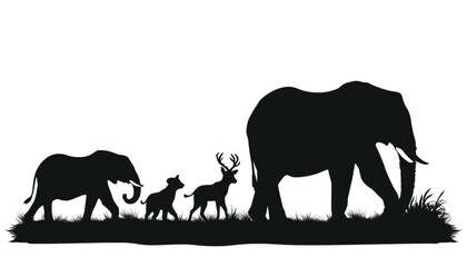 Fototapeta premium Elephants and small deer walk together in this stylized silhouette graphic for animal design themes.