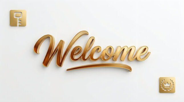 Metallic gold welcome script text isolated on white background with decorative squares gold foil metallic