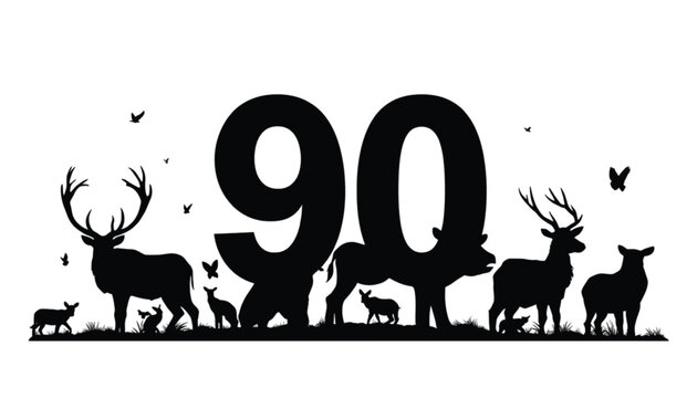 Number ninety appears behind a collection of various wild deer silhouettes on a white background.