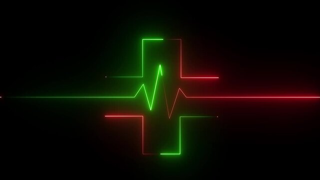 Abstract glowing neon heartbeat signal icon animation medical concept.Red and Green line on black background,symbolizing dedication in medical care and commitment to patient health.4k motion video.