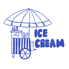Hand-drawn blue ice cream cart doodle illustration with umbrella and text. © Надежда Semina
