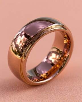 Reflective Golden Ring on Textured Peach Surface