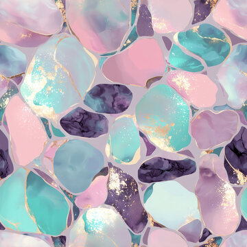 Seamless Pastel Terrazzo Pattern with Abstract Marble Stones, Gold Veins and Pink, Turquoise and Lavender Colors