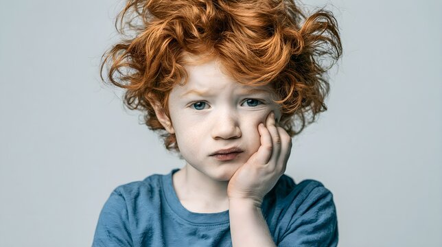Redheaded young boy with messy curly hair looking sad, unhappy child with hand on cheek, bored ginger kid feeling lonely or tired