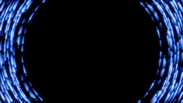 Futuristic seamless loop animation of blue neon star particles moving along the edges on black background, digital sci-fi frame template with copy space 3d render