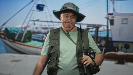Fototapeta premium Man fisherman holding fishing rod and reel, wearing sunhat and utility vest before a boat backdrop in studio; quiet contemplation.
