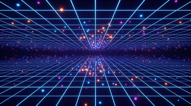 Glowing neon blue grid lines converge with floating orange and purple particles in a dark infinite virtual reality space environment