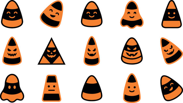 A collection of cute halloween candy corn characters with funny faces isolated on a plain white background
