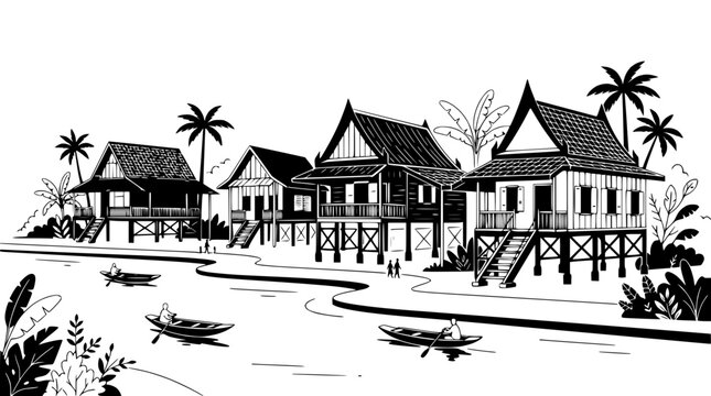 Tropical Village Scene with Stilt Houses and Boats on River, Hand-Drawn Illustration
