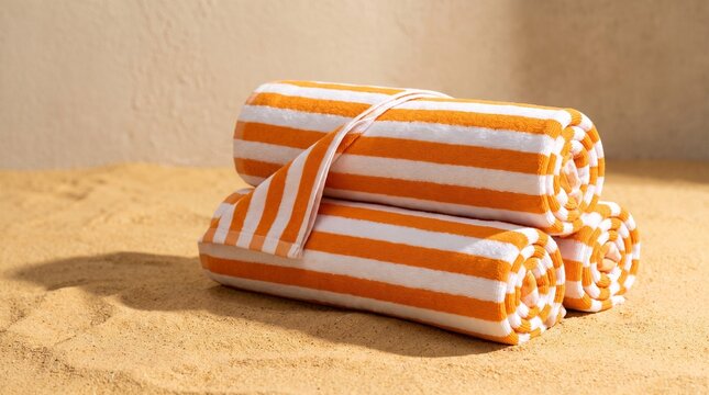 Two vibrant orange and white striped rolled beach towels resting neatly on textured golden sand under bright sunny lighting