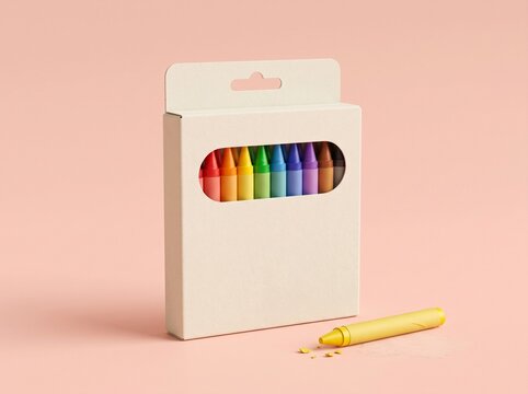 Blank Packaging Box for Wax Crayons with Colorful Set and Loose Yellow Crayon Mockup