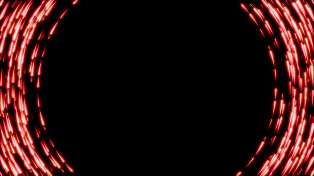 Dynamic seamless loop animation of red neon star particles moving along the edges on black background, energetic frame template with copy space 3d render