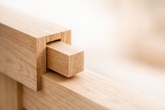 Close up of strong wooden mortise and tenon joint connecting wooden beams in a carpentry workshop