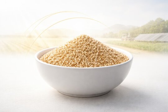 Heap of raw organic bulgur wheat grain in a ceramic bowl with an agricultural field landscape in the background