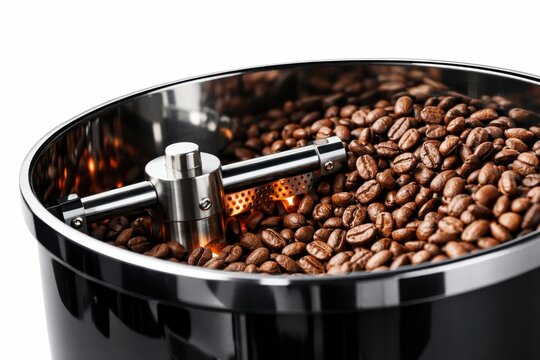 Roasted coffee beans being stirred inside a stainless steel cooling tray of a commercial coffee roaster machine