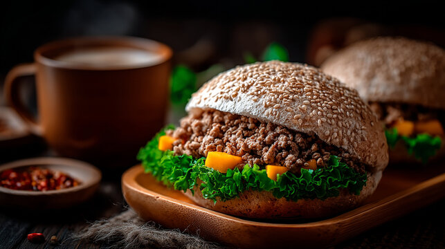 Fresh sloppy joe sandwich with ground beef and diced bell peppers on whole grain seeded bun