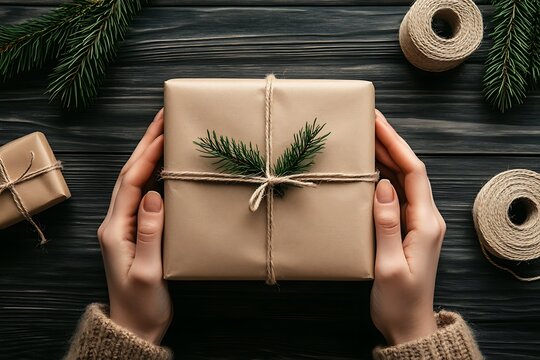 Woman hands holding Christmas gift box wrapped in craft paper on wooden background.