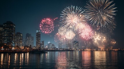 Fototapeta premium Colorful firework display over city skyline reflecting on water at night celebration
