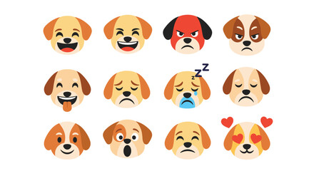 Fototapeta premium Collection of twelve dog emoji faces with various expressions such as happy, angry, sad, sleepy, surprised, and in love with heart eyes.