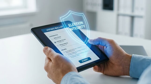 Person holding a digital tablet with a glowing blue holographic interface showing data and network connections